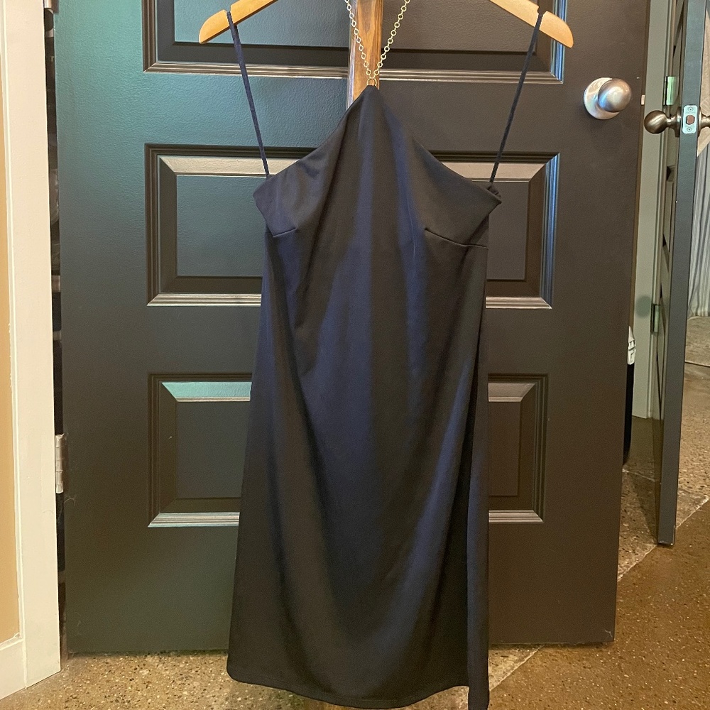 Express Black Strapless dress w/ gold necklace
